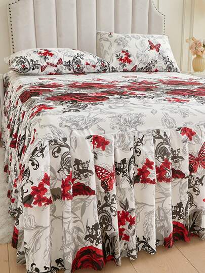3pcs (1 Bed Skirt, 2 Pillowcases) Floral, Botanical, Striped, Plaid Pattern Printed Ruffle Bed Skirt Full Coverage Dust Cover With Skirt Hem And Pillowcases, Soft And Breathable Bedding Set With Ruffle Skirt Hem And Elastic Band, Bohemian Style Soft Skin-Friendly Bedding Set Suitable For Bedroom Use, 3-Piece Set Pleated Bed Skirt With 2 Pillowcases Bedding Set, Can Be Used For Sleeping Naked, Skin-Friendly, Sweat-Absorbent, Moisture-Proof