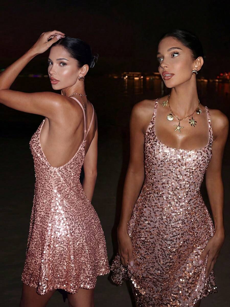 Women's Sexy Orange Sequin Short Party Dress, Sleeveless Off-Shoulder Flared Hem Cocktail Dress Wedding Vacation - Dusty Pink - View 1