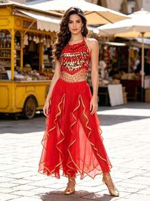 Bohemian Belly Dance Coin Sequin Halter Top, Side Slit Flowy Chiffon Wide Leg Pants For Market, Festival Carnival, Travel Photoshoot And Themed Event - Multicolor - View 12