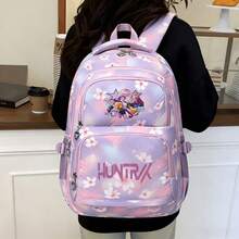Miniso Pink Letter Figure Star Disco Ball Print Gradient Purple Pink Cherry Blossom Chevron Quilt Large Capacity Student Backpack Multi Compartment School Tr - Purple - View 4
