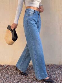 Women's Casual Straight Leg Denim Jeans, Non-Stretch Long Pants, Button And Zipper Fly, Versatile Everyday Style - Light Wash - View 5