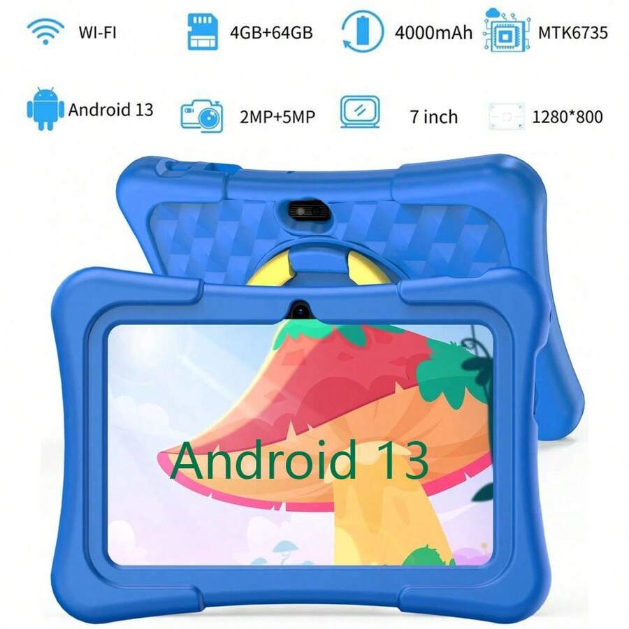 yesido 4GB RAM + 64GB ROM / 7-Inch Tablet / Quad-Core 1.3GHz / Android 13 MTK8321 / 1280x800 HD IPS Display / 2MP+5MP Camera / 4000mAh Battery / WiFi, Parental Control, Education, Games / ABS Plastic + Silicone, Educational Tablet