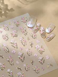1pc 5D Gold Foil Pink Floral Nail Art Sticker, Elegant Skin-Brightening Wildflower Pattern, Women's DIY Decorative Sticker For Phone Case, Camera, Water Cup, Makeup Mirror Nail Stickers - Pink - View 2