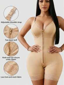 1pc Women's Shapewear Jumpsuit, Tummy Control Butt Lifting Body Shaper, Zipper Crotch, Tight Fit One Piece, Suitable For Multiple Occasions - Apricot - View 4
