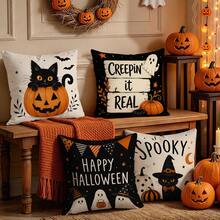 4pcs Black Cat Ghost Halloween Text Pattern Single-Sided Printed Pillow Covers/Cushion Covers, Multi-Scene Atmosphere Decorative Pillow Covers Suitable For Living Room, Sofa, Bedroom, Pillow Inserts Not Included - Multicolor - View 8