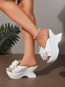 Designer Asymmetrical Wedge Heel Sandals, 3D Floral Gold Trim Thick Sole Fashion Half-Sling - White - View 4