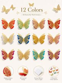 12/24/48pcs Gold Butterfly Wall Stickers, 3 Sizes, 3D Butterfly Pattern, Gold Butterfly, Wedding Decoration, Birthday Party, Girls Bedroom Decor. Colorful Decorative Butterfly Stickers With Adhesive Backing, Bedroom, Living Room, Window - Multicolor - View 6