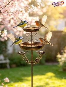 1pc Vintage Iron Double-Layer Bird Bath, Bird Feeder & Bathing Bowl, Balcony Garden Decor, Gift For Bird Lovers, Spring Courtyard Essential - Multicolor - View 8