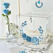 Blue Floral Semi-Circular Wreath Transparent Acrylic Card Box, Transparent Acrylic Wedding Card Box With Lock, Blessing Sign-In Box, Blue Rose Gold Foil Card Storage Box, Wedding Celebration Birthday Party Money Box, High-End INS Style Greeting Card Collection Box, Customizable Text, Engagement Party Decor Ornament, Transparent Money Box, Dreamy Blue Floral Design - 1PC - View 4