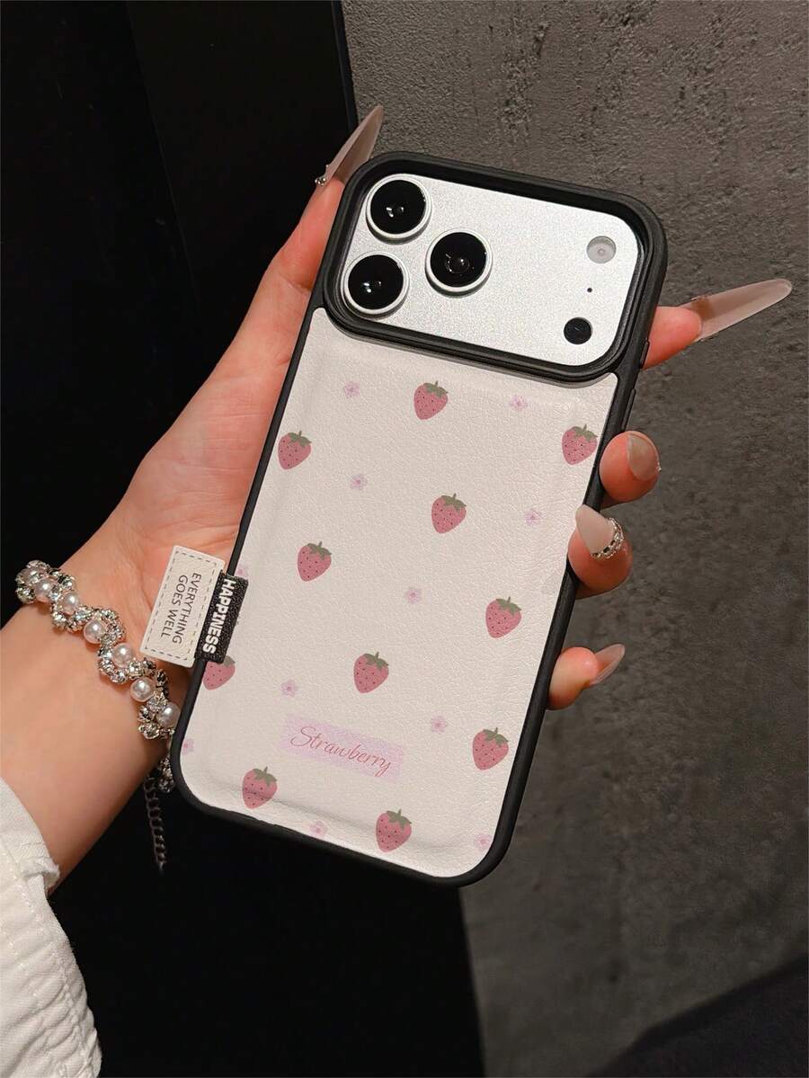 1pc Premium Fashion Full-Screen Pink Strawberry Floral Letter Slogan Leather Phone Case, Full Coverage Anti-Drop Soft Shell Large Hole Compatible With Apple 17 Pro Max/11/12/13/14/15/16 Pro Max/17 And Other Models, Holiday Gift - Multicolor - View 1