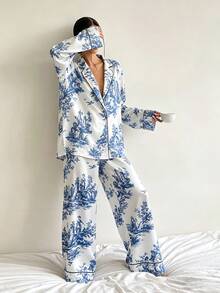 2pcs/Set Women's Satin Pajama Set, White With Blue Floral Landscape And Figure Print, Deep V-Neck Lapel, Long Sleeve, Loose Wide Leg Loungewear - Blue and White - View 4