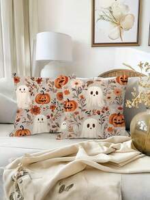 2pcs Cute Ghost Pumpkin Floral Pillow Covers, Vintage Autumn Wildflower Cute Ghost Jack-O'-Lantern Decorative Throw Pillow Covers, Suitable For Halloween, Country Farmhouse, Sofa, Bedroom, Porch, Pastoral Style Holiday Home Decor, Autumn Soft Furnishing - Multicolor - View 5