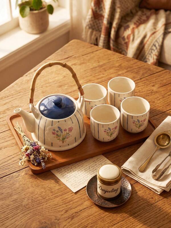 DearDali 1 set modern minimalist cu ceainic din ceramică verde, cu model floral și dungi, cu tavă și cutie cadou, set multi-piese cu ceainic și cești de ceai, potrivit pentru mai mulți utilizatori, ideal pentru reuniuni acasă, petreceri, ceai de la prânz, decor pentru living sau ca cadou pentru prieteni