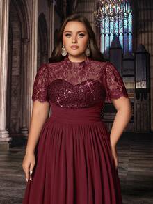 Gaun Panjang Elegan Ukuran Plus Berpayet, Renda, Chiffon untuk Pengiring Pengantin, Tamu Pernikahan, Musim Semi/Musim Panas, Gaun Formal, Koktail, dan Malam Hari - Burgundy - View 6