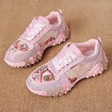 Women's Thick Sole Rhinestone Chunky Sneakers, Spring/Autumn New Style, Full Rhinestone Breathable Heavy-Duty Street Style Mesh Inlaid Rhinestone Niche Design Height-Increasing Fashion Sports Casual Shoes - Pink - View 4
