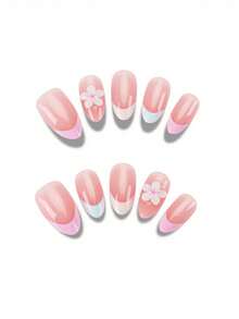 30Pcs Short Almond Press On Nails, Multi Color French Tip Fake Nails With 3D Flower Design, Glossy Full Cover False Nails Set, Included 1Sheet Jelly Glue Sticker & 1Pc Nail File Suitable For Parties, Festivals, And Daily Use - Multicolor - View 2