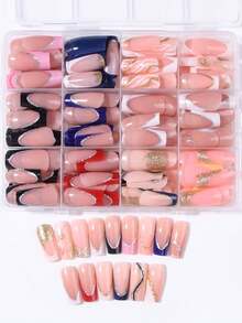 Random 24pcs Rectangular French Acrylic False Nails Set, Easy To Wear French Manicure, Suitable For Women And Girls Daily Use And Party - Multicolor - View 4