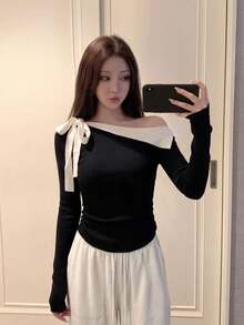 Korean Style Design Asymmetric Neckline Long Sleeve Knit Top For Women, Spring/Autumn Ruched Waist Slimming Fitted Top Black - Black - View 3