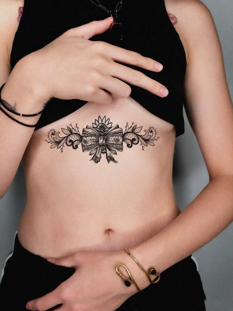 1pc Women's Temporary Tattoo Sticker, Leg Band Temporary Tattoo, Bow, Sunflower Chain Print, Black Fake Tattoo, Floral Pattern, Suitable For Women's Arms, Back, Legs, Waist Temporary Tattoo Sticker, Waterproof And Sweatproof, Sexy And Cool Tattoo Sticker, Looks Very Realistic, Easy To Use And Remove, Wedding Music Festival Party Supplies, - Black - View 1