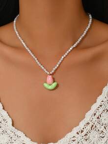 1pc Sweet Fresh Gentle Style Pink & Green Tulip Pendant Baroque Beaded Necklace, Suitable For Wedding, Banquet, Party, Dress Outfit - Multicolor - View 7
