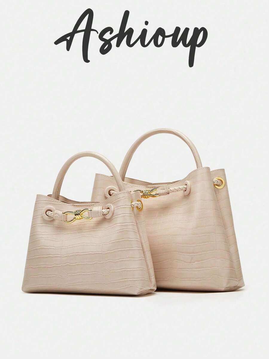 Stone Texture Shoulder Handbag With Metal Rope Buckle, Niche Design Large Capacity Crossbody Bag - Beige - View 1