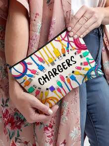 Colorful Cable Charger Printed Storage Bag, Multi-Functional Travel Electronics Organizer, Portable Canvas Zipper Makeup Bag, Suitable For Chargers, Data Cables, Earphones And All Tech Accessories - Multicolor - View 3