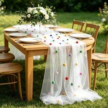 Cute Party Tablecloth With 3D Velvet Pom Poms, Colorful Polka Dot Confetti Tulle Table Runner, Macaron Color Mesh Tulle Rainbow Table Decor, Suitable For Birthday, Wedding, Home, Baptism Party - Multicolor - View 9