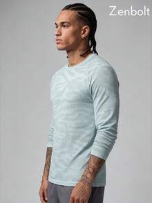 Zenbolt Men's Crew Neck Raglan Long Sleeve Tee Allover Wave Camo Print, Waffle Mesh Fabric, Slim Fit For Daily Casual Wear - Mint Green - View 5