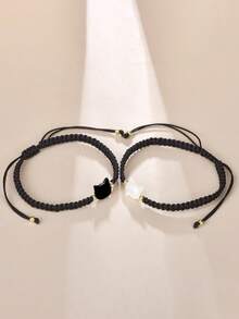 2pcs Cute Minimalist Stress Relief Bracelets, Handmade Black & White Cat Design Bracelets, Party Accessories - Black and White - View 9