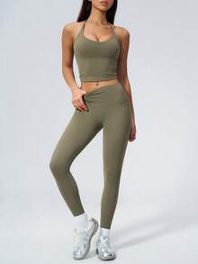 NcmRyu Women's One Set Solid Color Halter Tie U-Neck Backless Cropped Tank Top High Waist Ankle Pants Sports Set - Green - View 9