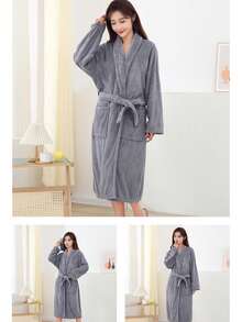 Ultra Soft Coral Fleece Bathrobe - Quick Dry, No Shedding And Breathable | Unisex | Modern Design - Solid Color Bathrobe - View 7