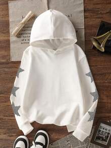Tween Girl 1pc Fleece Lined Thick Warm Star Print Hooded Sweatshirt, Raglan Sleeve Graphic Design Pullover, Youth Student Kids Autumn/Winter Long Sleeve Top - White - View 5