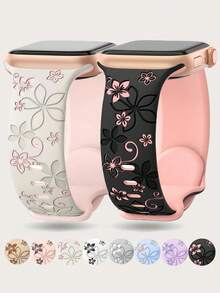 雙色花卉雕刻錶帶，相容 41mm 40mm 44mm 45mm 42mm 38mm 46mm 49mm，適合女性與男性，可愛波希米亞風洋紫荊壓紋矽膠運動錶帶，適用於 SE 11 10 9 8 7 6 5 4 3 2 1 Ultra - 38mm/40mm/41mm - 查看 24