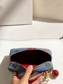 Cherry Embroidered Square Handbag, Red Short Handle, Gold Metal Chain Shoulder Strap, Cute Cherry Charm, Dual Zipper Pockets, Compact Bag Style, Suitable For Dates And Outings - Blue - View 3