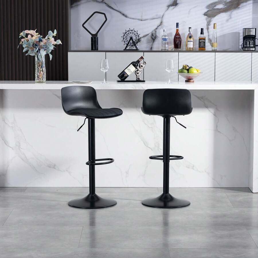 Rotating Bar Stool Set Of 2, Grey Plastic Backrest Synthetic Leather - 黑色 - 查看 1