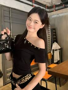 Yorily Asymmetrical Ruched Waist T-Shirt For Women, Asymmetric Asymmetrical Shoulder Crop Top With Short Sleeves, Summer Casual Black - Black - View 1