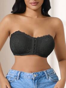 CELILIN Strapless Lace Bandeau Bra For Women - Front Closure Non-Slip Tube Top For Off-Shoulder Outfits - Black - View 5