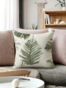 shangxia 1PC--Morandi Olive Green Hand-Painted Palm Leaf Print Pillowcase, Cream White Background Ink Brush Tropical Monstera Leaf Pattern Cushion, Living Room Wabi-Sabi Cream Style Soft Decor Pillow--(Pillow Insert Not Included)---(Multiple Sizes)---(No Embroidery)---(Single-Sided Print) - Multicolor - View 2