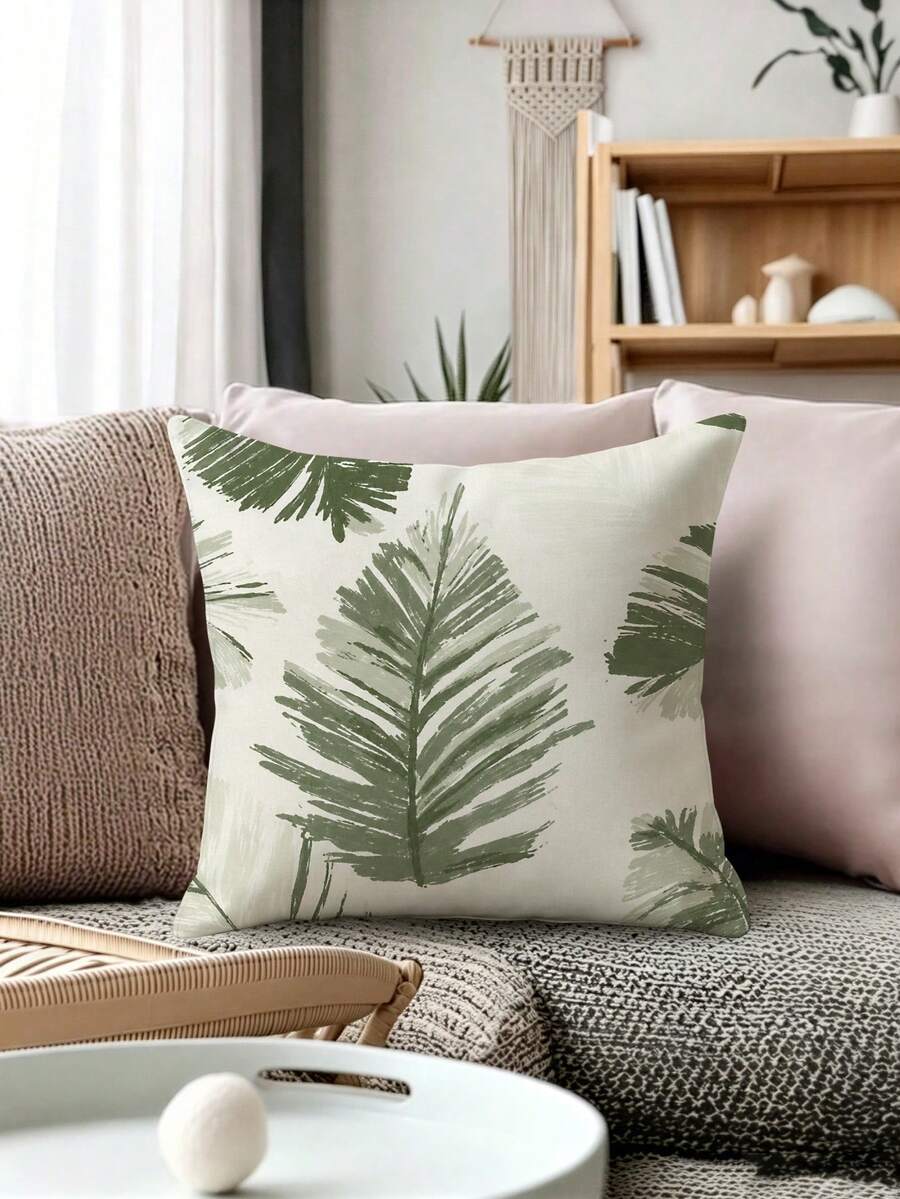 shangxia 1PC--Morandi Olive Green Hand-Painted Palm Leaf Print Pillowcase, Cream White Background Ink Brush Tropical Monstera Leaf Pattern Cushion, Living Room Wabi-Sabi Cream Style Soft Decor Pillow--(Pillow Insert Not Included)---(Multiple Sizes)---(No Embroidery)---(Single-Sided Print)