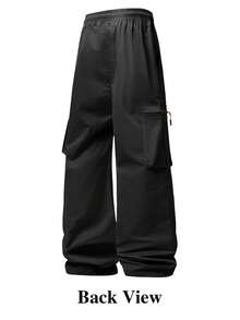 Men's Multi-Pocket Cargo Wide Leg Pants, Elastic Waist Drawstring Draped Casual Long Pants - Black - View 4