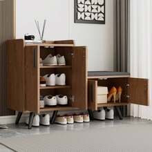 Modern Shoe Bench With Wood Grain, Storage Cabinet, 4 Storage Doors, Asymmetric Metal Handles, - Natural - View 2