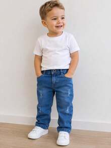 Calça Jeans Infantil bebê Meninos 1 2 3 anos BÁSICA Barra Comprida Igreja Passeio Culto Creche Dia a dia AL - Lavagem escura - Visão 2
