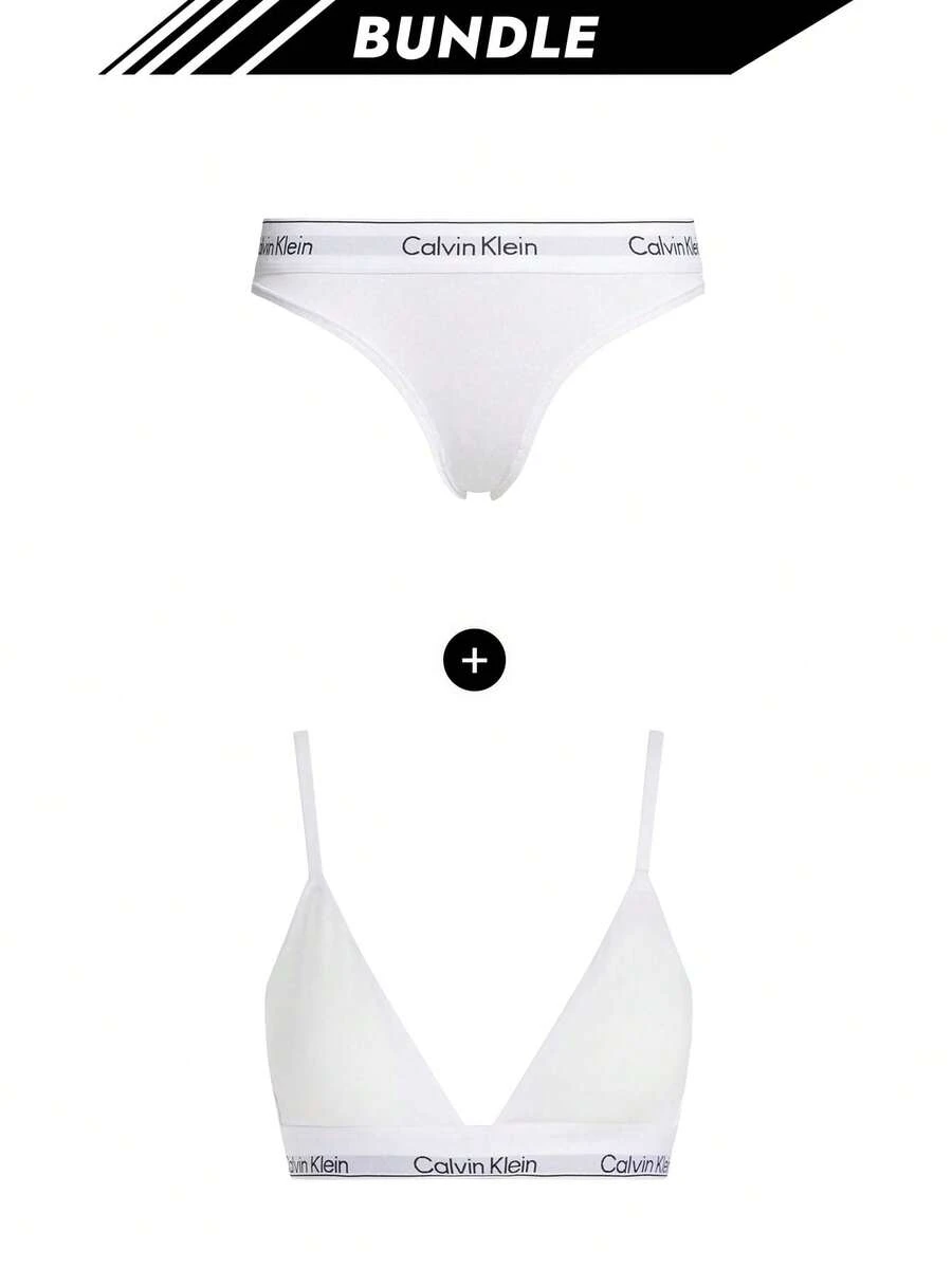Calvin Klein [Bundle] Brave Soul Thong + Icon Logo Women's Triangle Bra - White+White - View 1