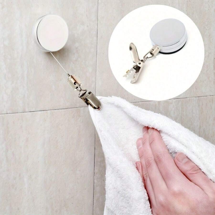 1 pieza Clip retráctil para toalla sin taladro, llavero retráctil anti-pérdida, toallero retráctil automático, clip fuerte con rebote automático, organizador ajustable para baño y cocina, apto para uso en el hogar y hotel.