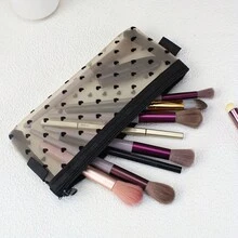 1 Stück schwarzes Herz-Muster Großkapazität Federmäppchen, minimalistische Mode Mesh-Herz kleine Tasche Aufbewahrungstasche Make-up Pinsel Lippenstift Stiftetasche - Liebe - Übersicht 7