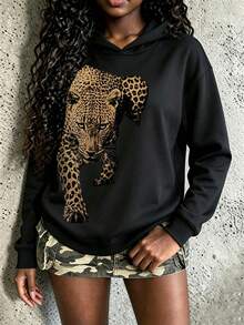 Tween Girl 1pc Leopard Print Thermal Lined Thick Warm Hooded Sweatshirt, Young Student Children's Clothing, Suitable For Kids' Autumn/Winter Wear - Black - View 3