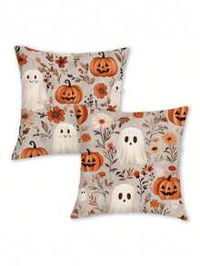2pcs Cute Ghost Pumpkin Floral Pillow Covers, Vintage Autumn Wildflower Cute Ghost Jack-O'-Lantern Decorative Throw Pillow Covers, Suitable For Halloween, Country Farmhouse, Sofa, Bedroom, Porch, Pastoral Style Holiday Home Decor, Autumn Soft Furnishing - Multicolor - View 12