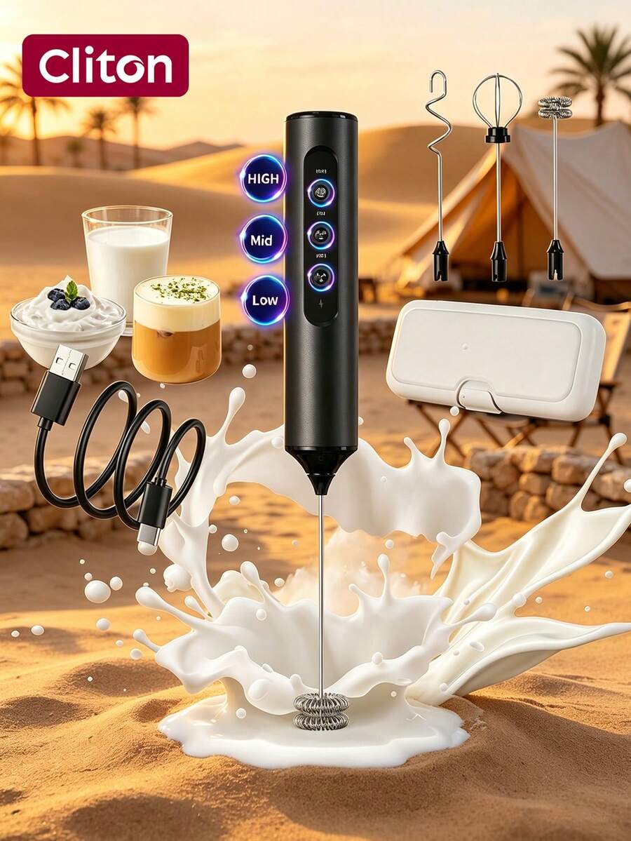 CLITON 1500mAh無線充電牛奶發泡器，3段調速附3款攪拌頭，Type-C便攜式飲品攪拌機，適用拿鐵、卡布奇諾、抹茶、蛋白飲、蛋液攪拌，多功能廚房節日禮物，2款可選：單機版／附收納盒版