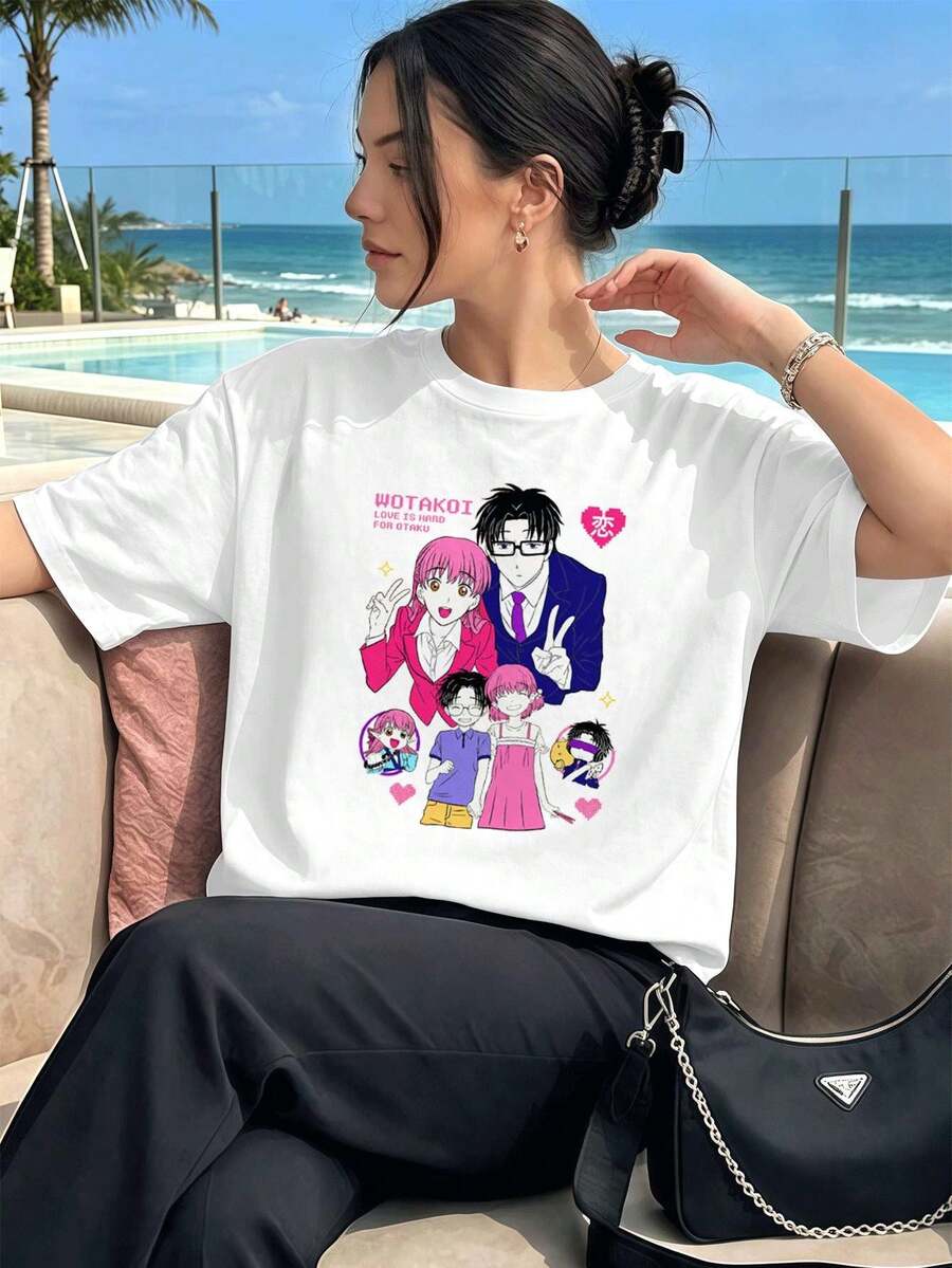 T-shirt anime con stampa grafica, stile otaku carino, adatta alla primavera, casual, traspirante, design grafico - Bianco - Visualizzare 1
