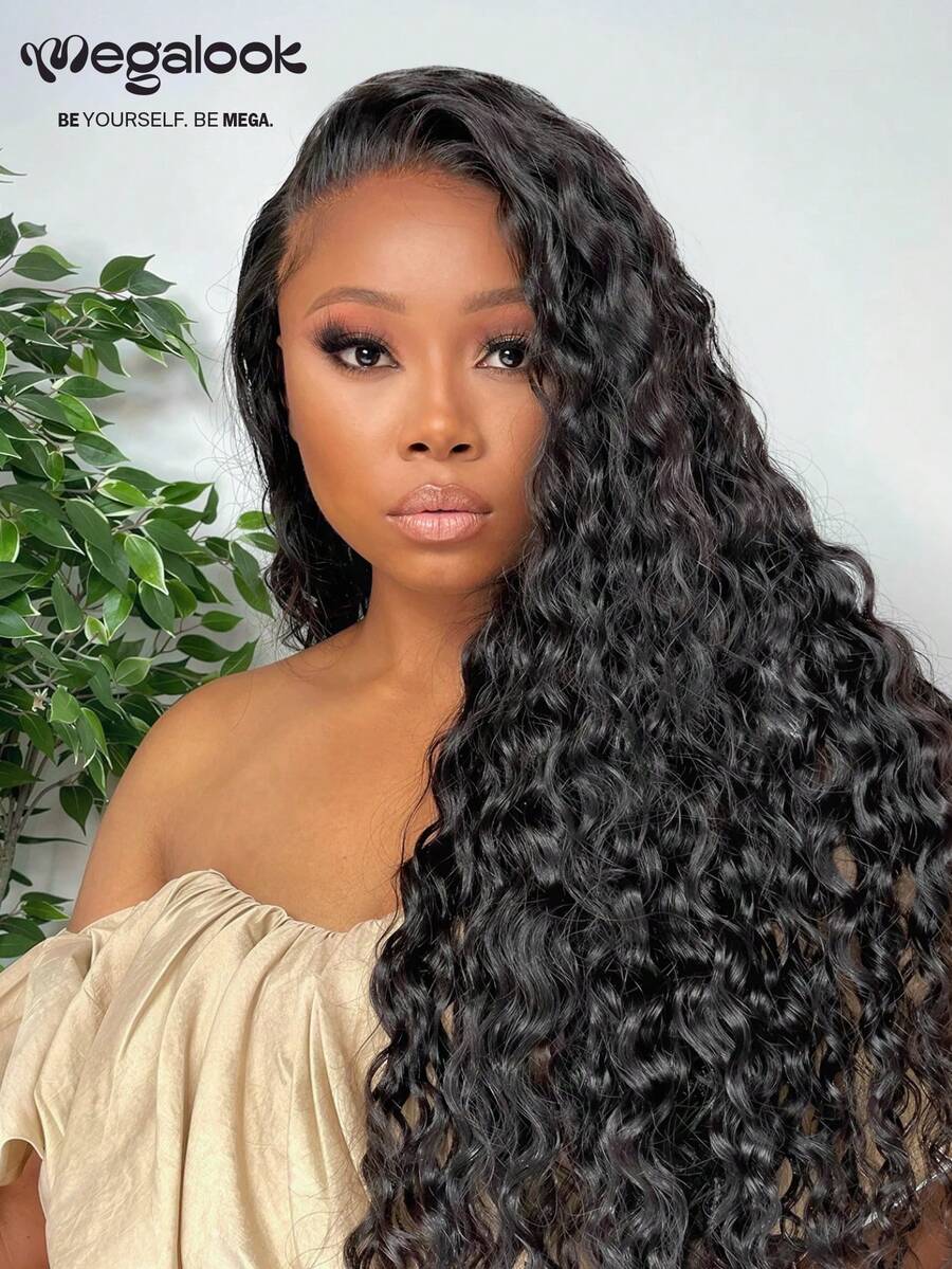 MEGALOOK 13x6 Glueless Lace Front Wavy Water Ripple Natural Color 100% Human Hair Wig, Breathable Cap With Drawstring, Pre-Cut Pre-Plucked Natural Hairline, Pre-Bleached Knots, Suitable For Women Beginners
